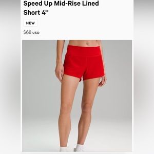 Lululemon Speed Up Midrise 4” Shorts, size 6, red